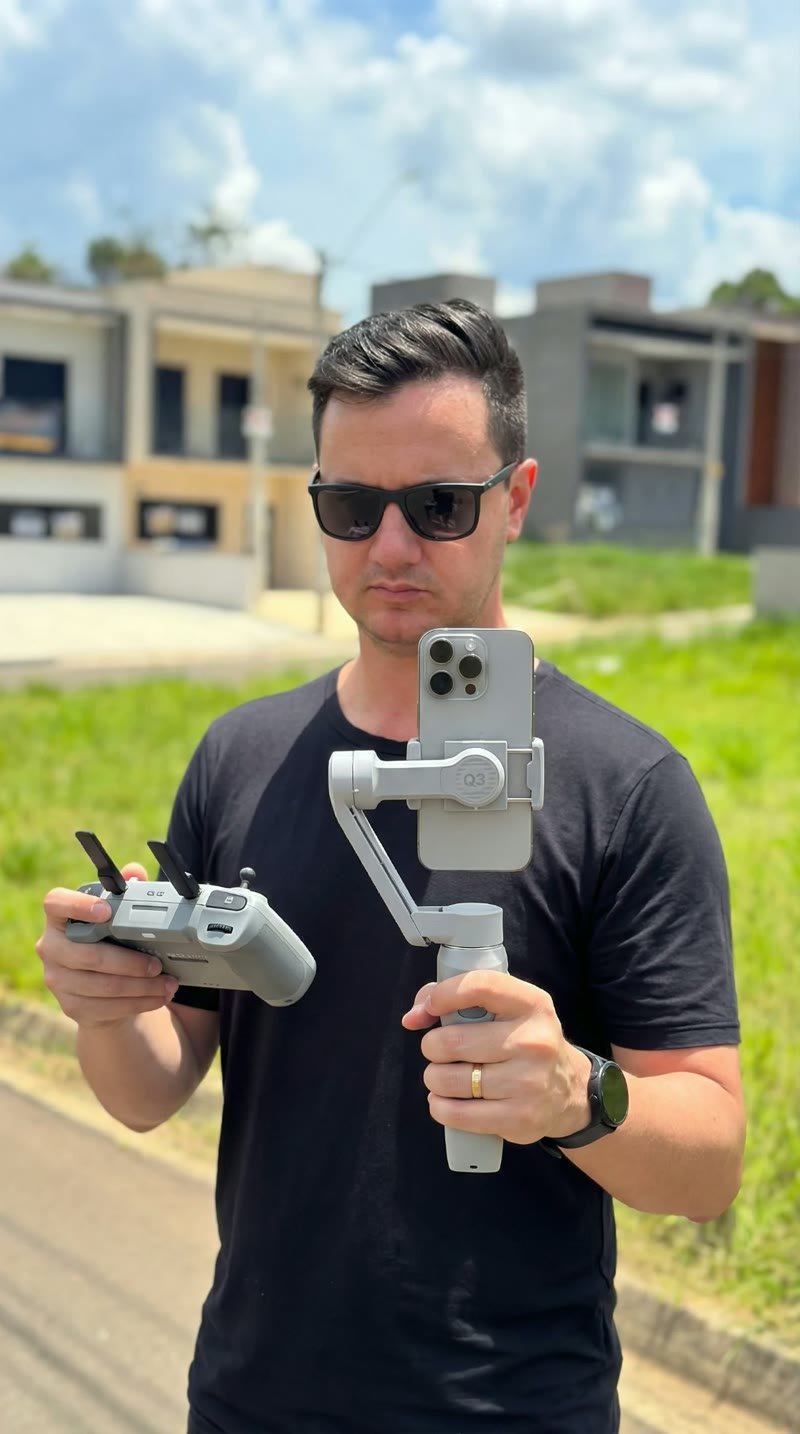 Pedro Ferreira com gimbal e controle de drone durante uma gravação